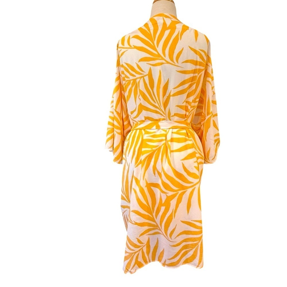 Maison Du Soir Yellow Magnolia Luxe Robe Kimono Coverup Tropical Palm Print  M/L - Picture 3 of 7